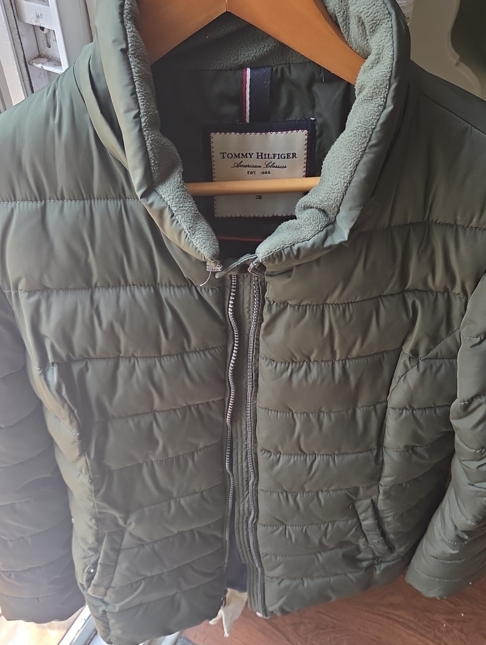 Tommy Hilfiger Olive Green Quilted Puffer Jacket with Fleece Trim